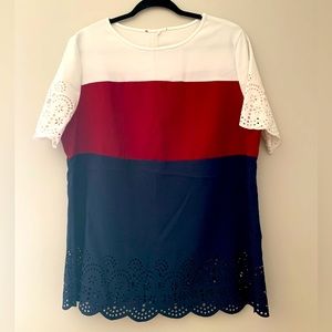 Tricolor shirtsleeve blouse with floral die cut detail on sleeves and bottom